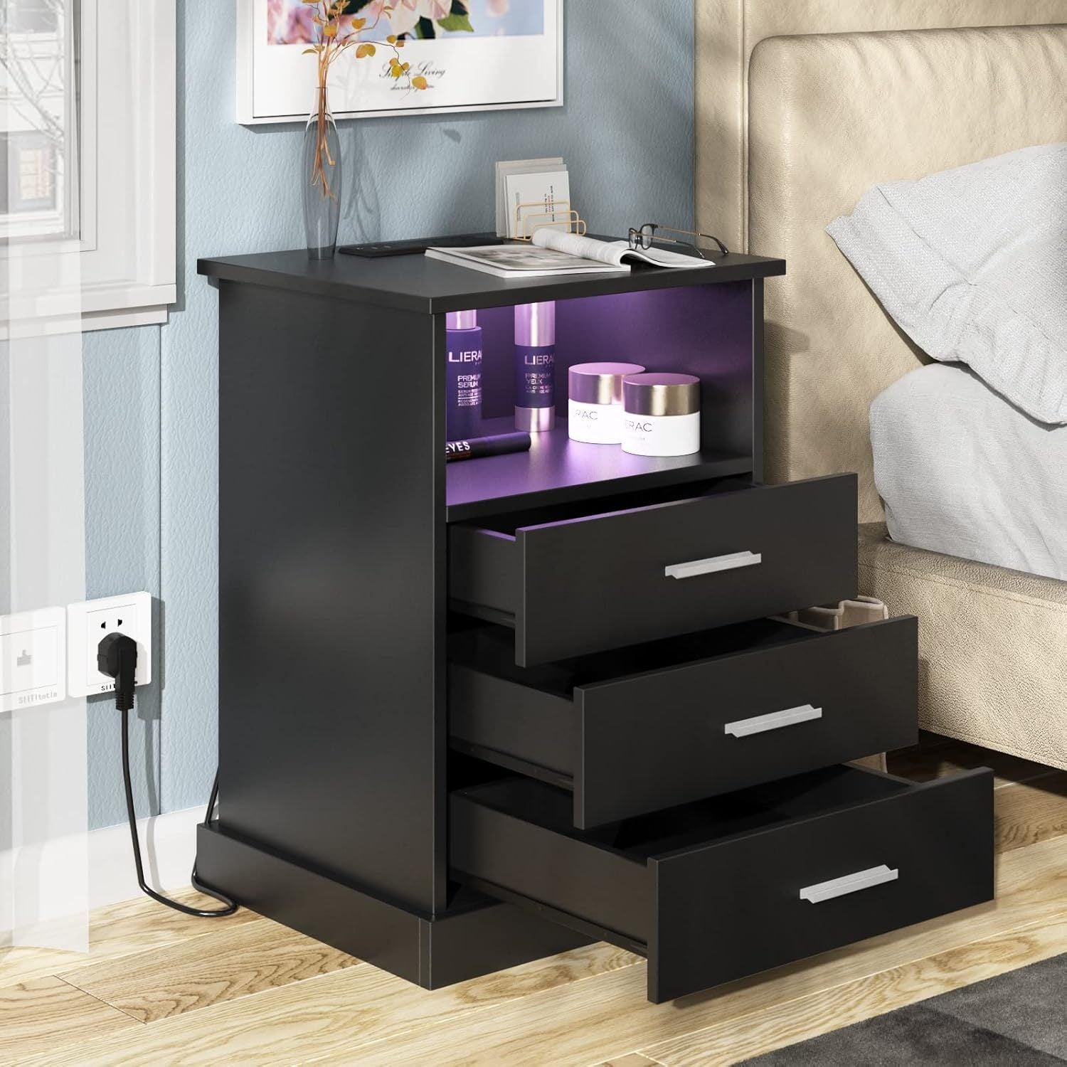 Modern Black LED Nightstand with Charging Station