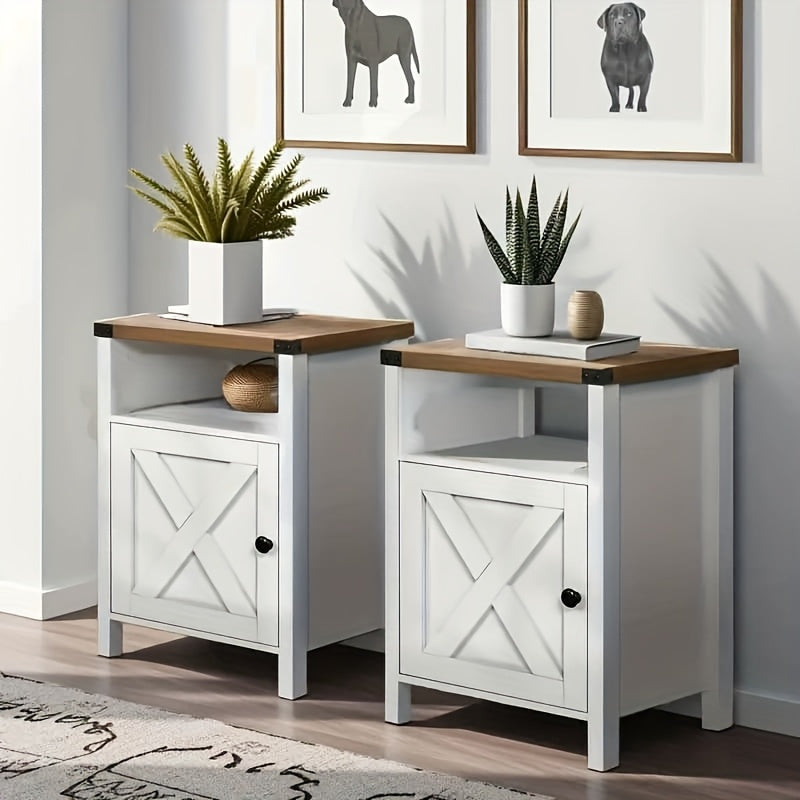 Rustic End Table with Barn Door And Storage Shelf