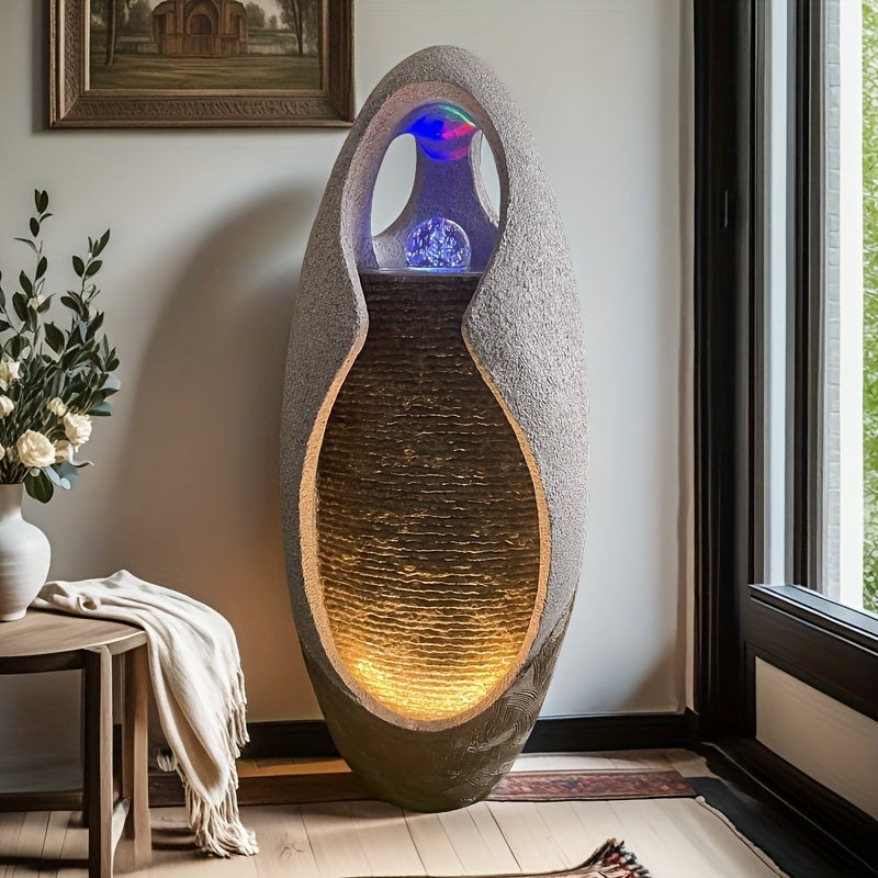 Large Pebble Floor Fountain Ornament with Glass Ball And Lights