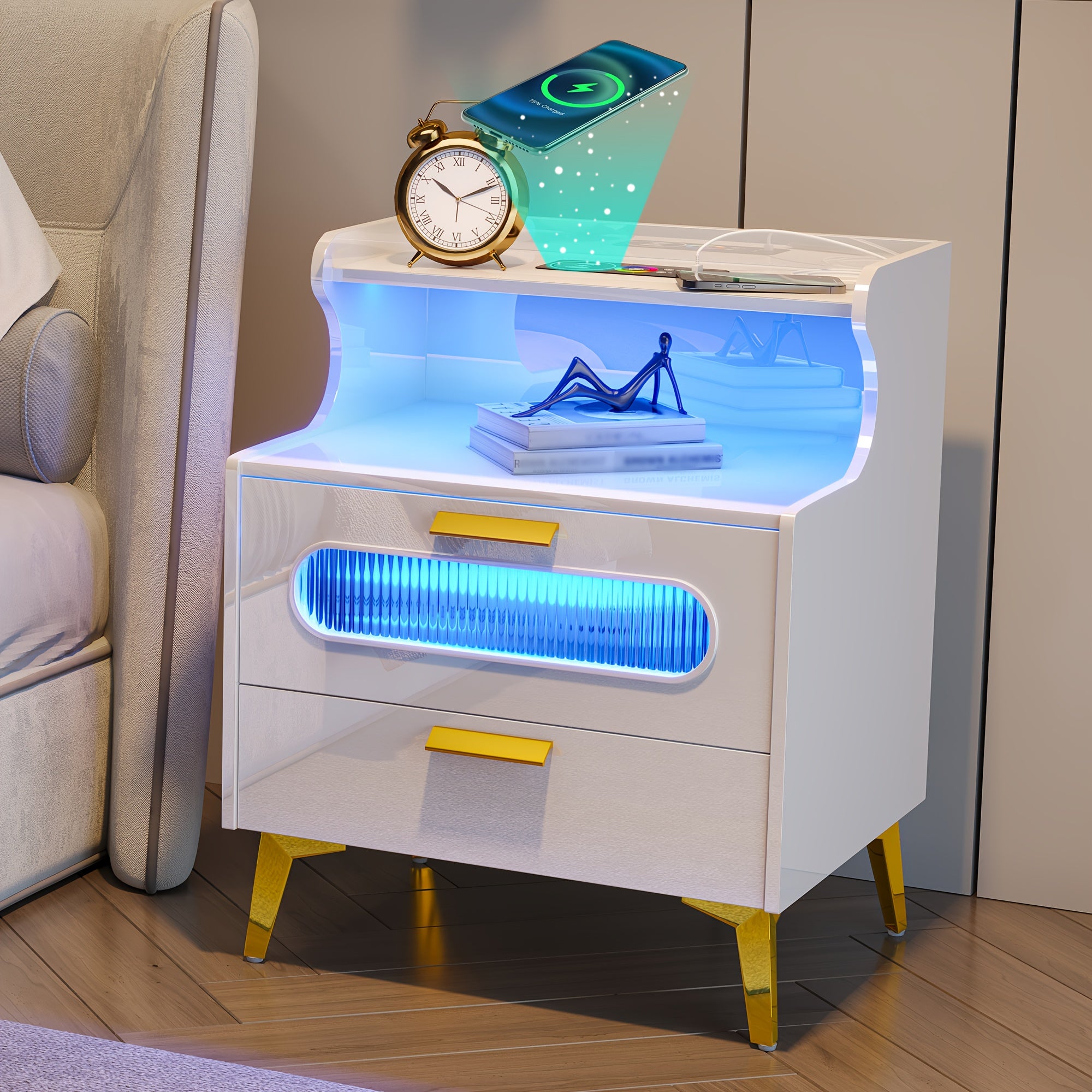 HWB Smart RGB LED Nightstand with Wireless Charging Station