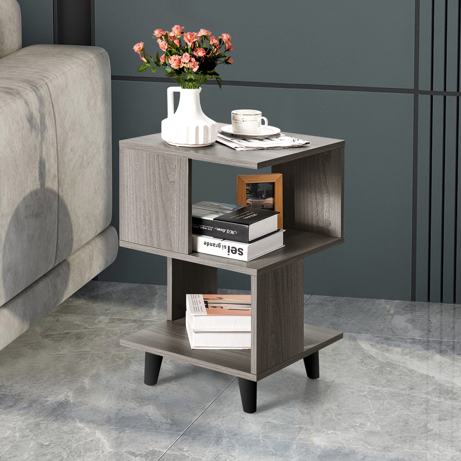 MULTIGOT 2 PCS Nightstand Set Modern Side End Table Storage Shelf Grey