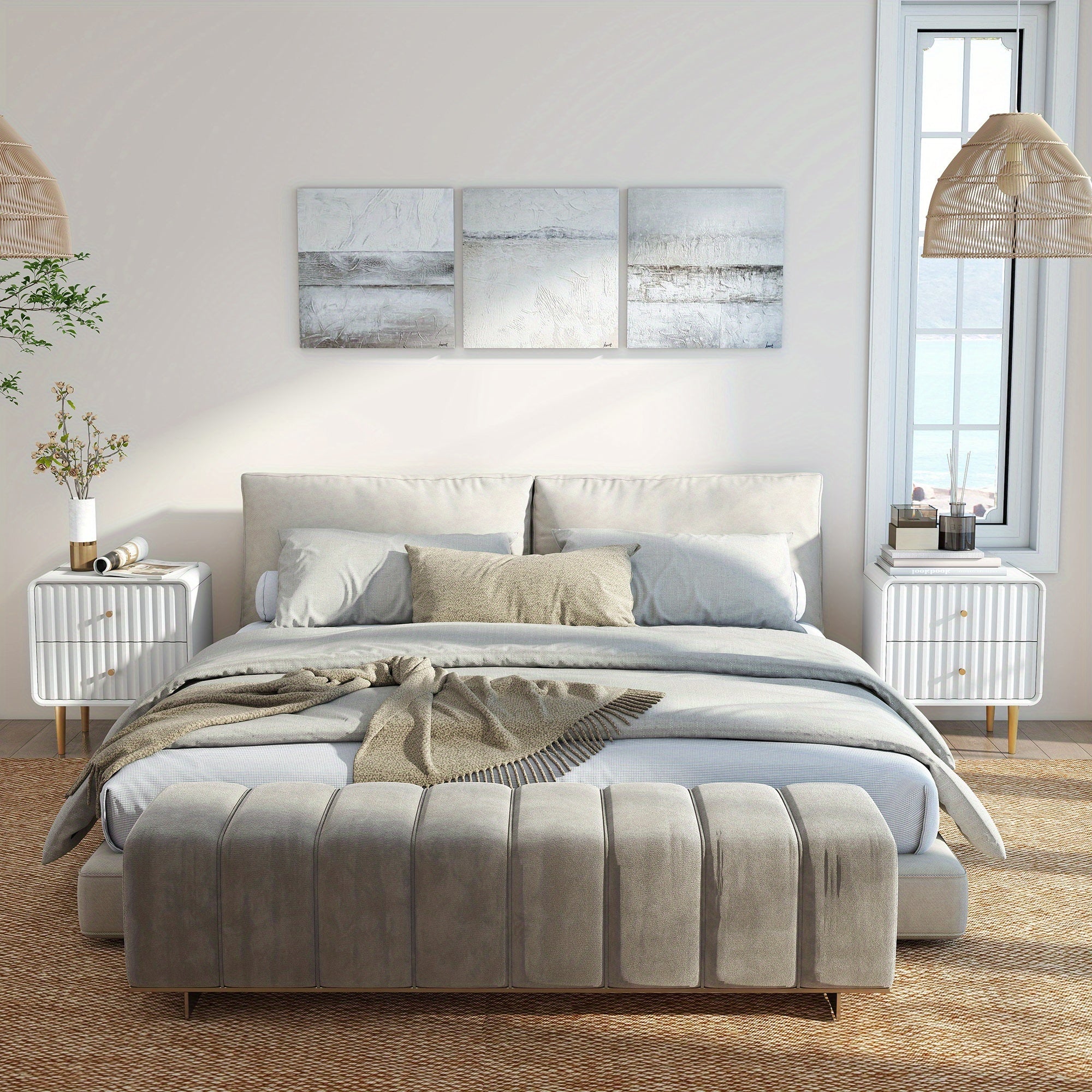 Fluted Bed Side Table with 2 Drawers Storage
