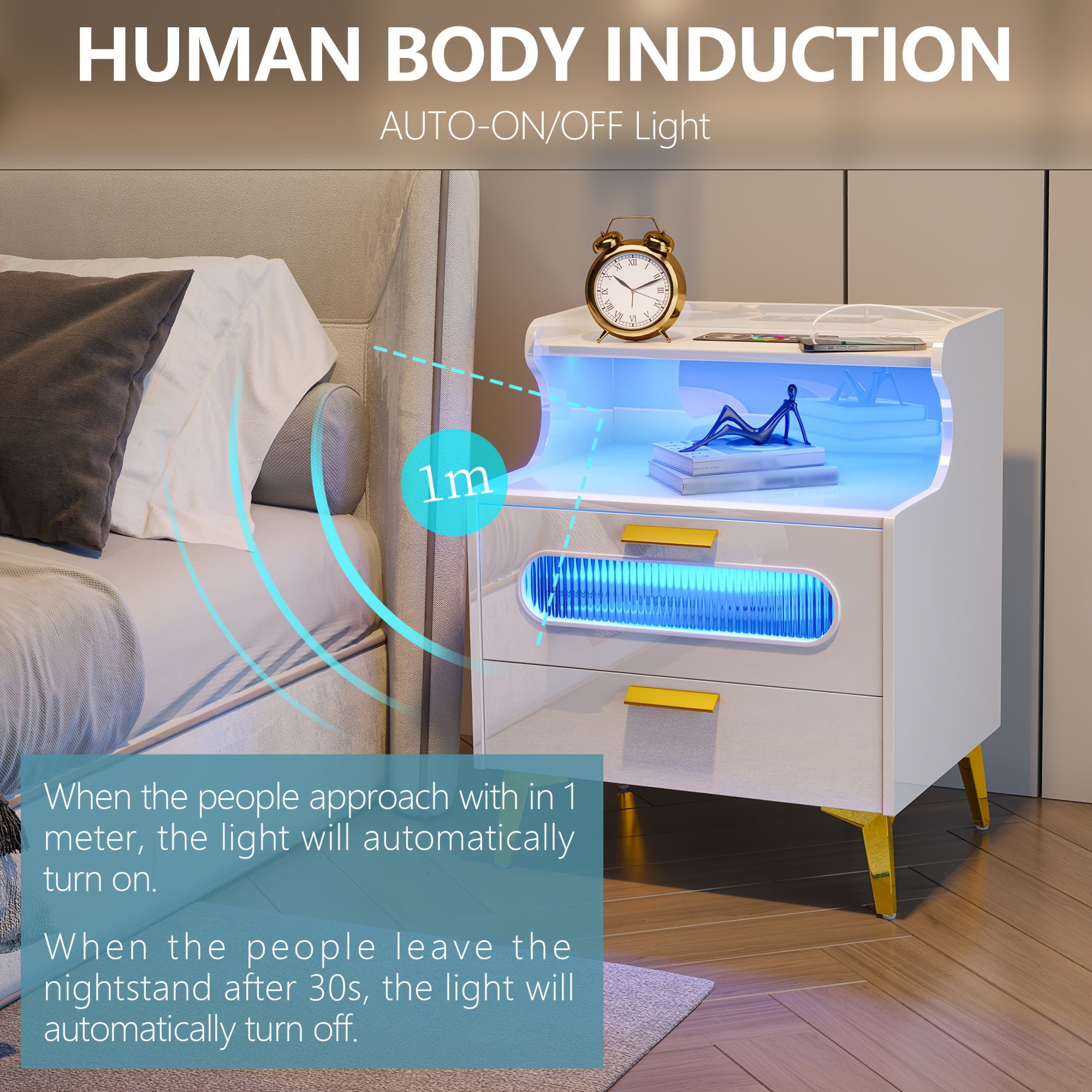 HWB Smart RGB LED Nightstand with Wireless Charging Station