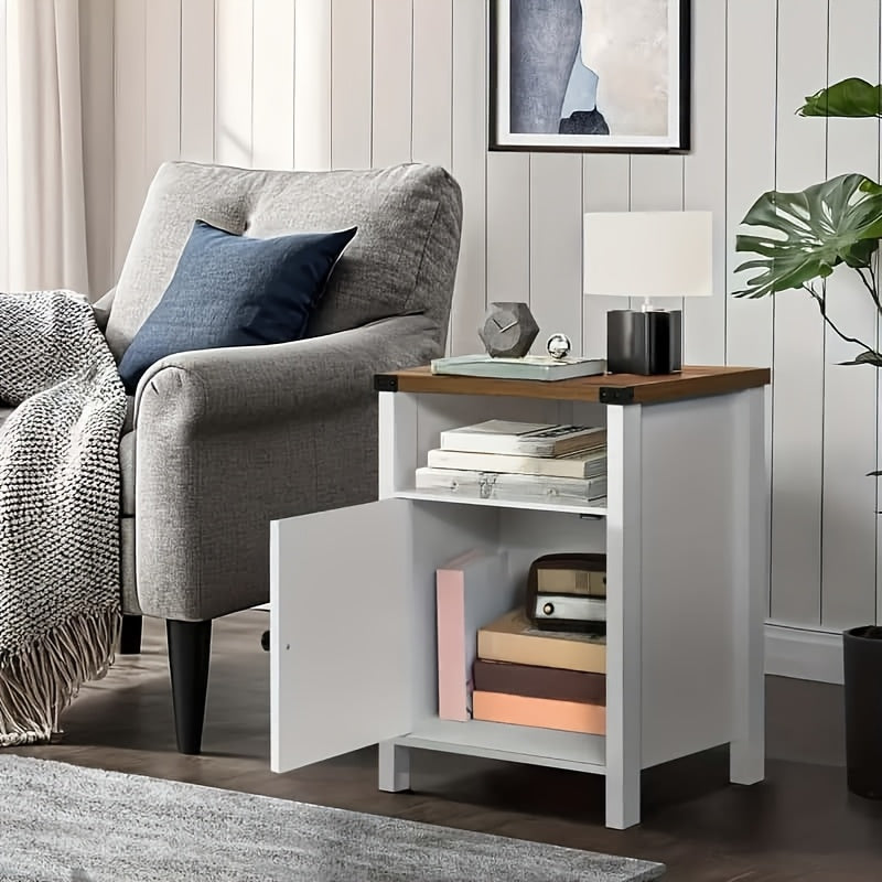 Rustic End Table with Barn Door And Storage Shelf