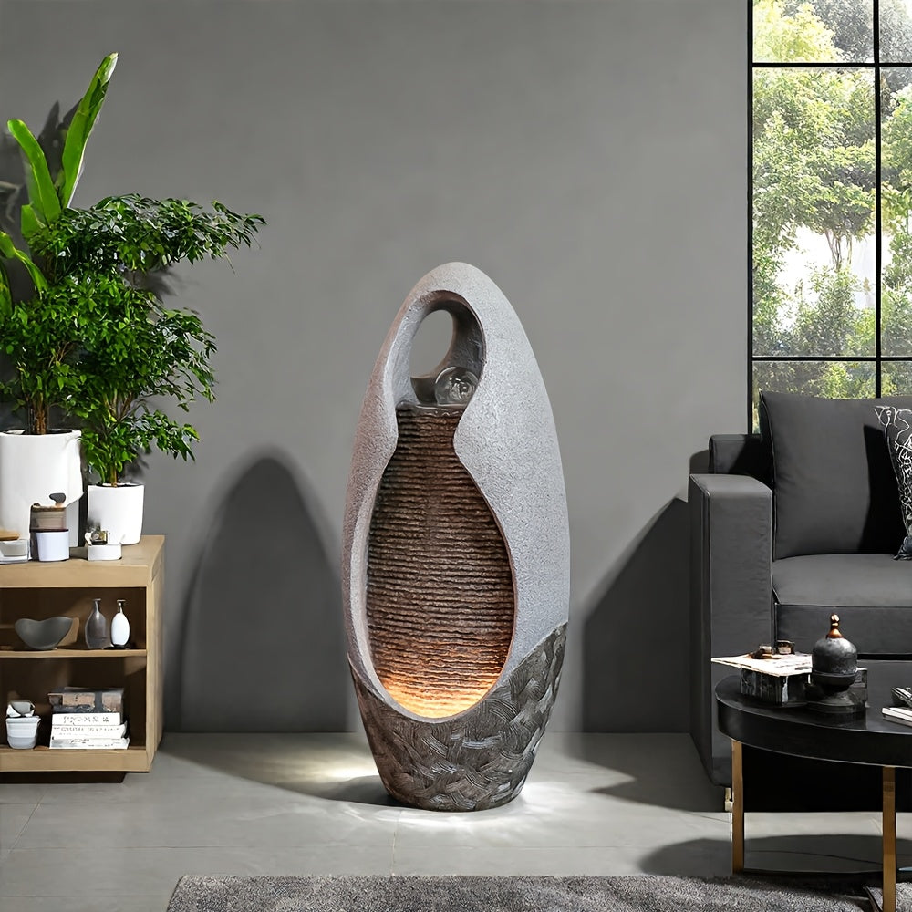 Large Pebble Floor Fountain Ornament with Glass Ball And Lights