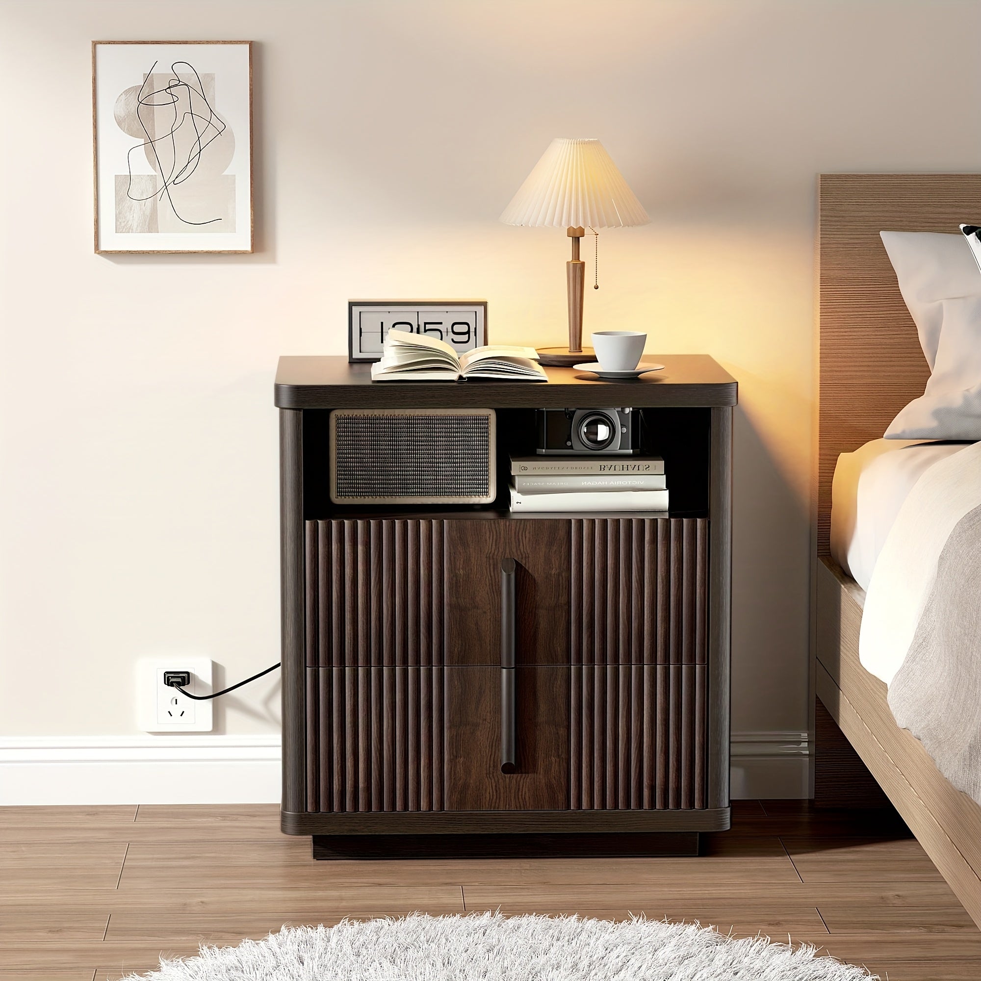 Fluted Nightstand with Charging Station