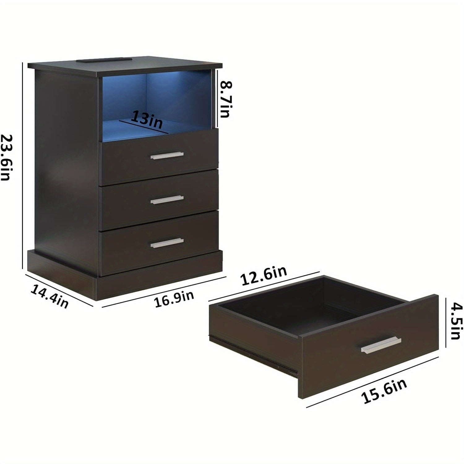 Modern Black LED Nightstand with Charging Station