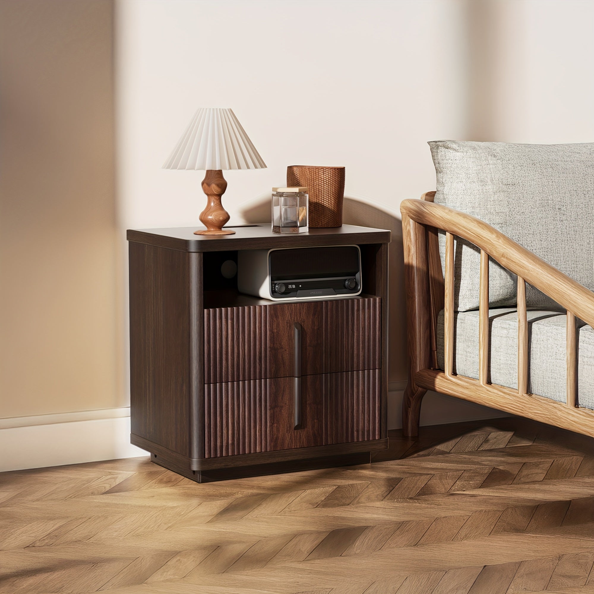 Fluted Nightstand with Charging Station