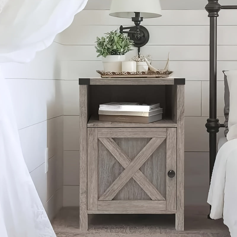 Rustic End Table with Barn Door And Storage Shelf