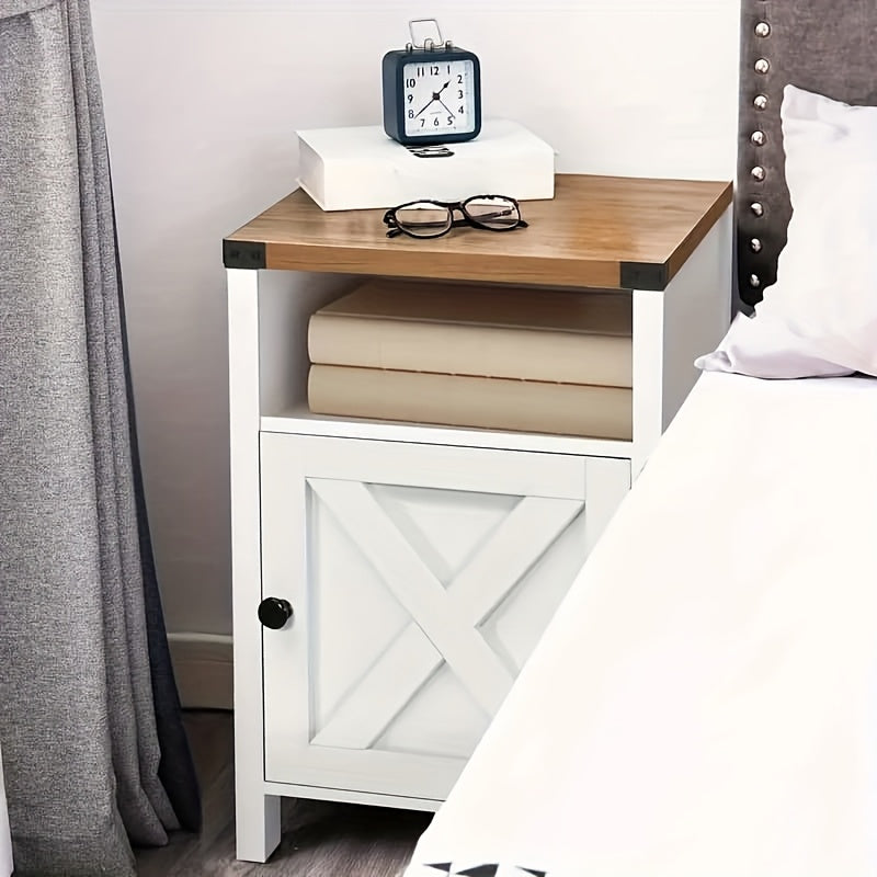Rustic End Table with Barn Door And Storage Shelf
