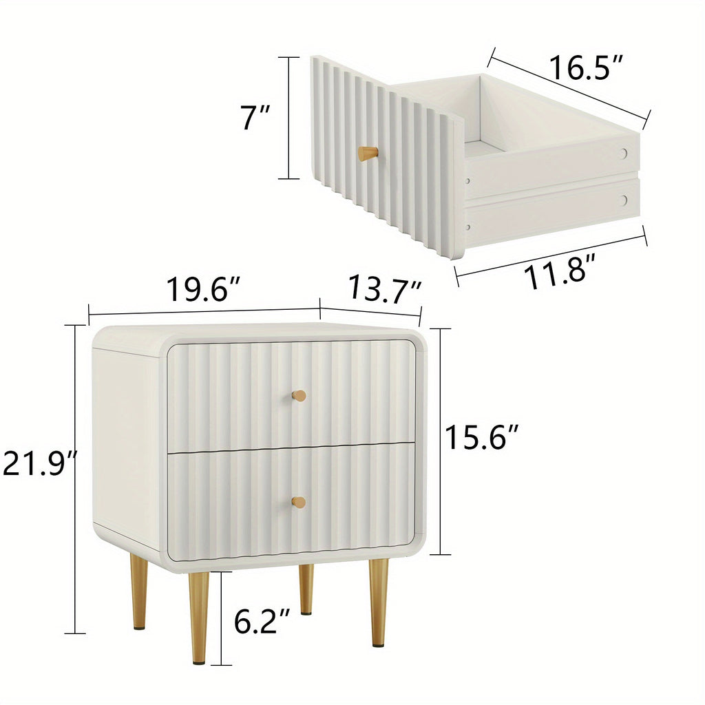 Fluted Bed Side Table with 2 Drawers Storage