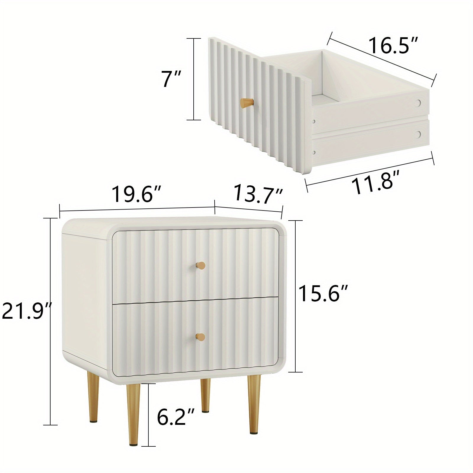 Fluted Bed Side Table with 2 Drawers Storage