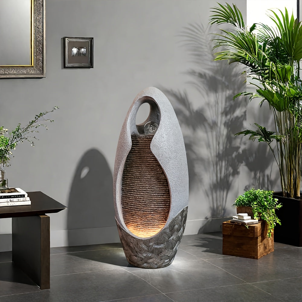 Large Pebble Floor Fountain Ornament with Glass Ball And Lights
