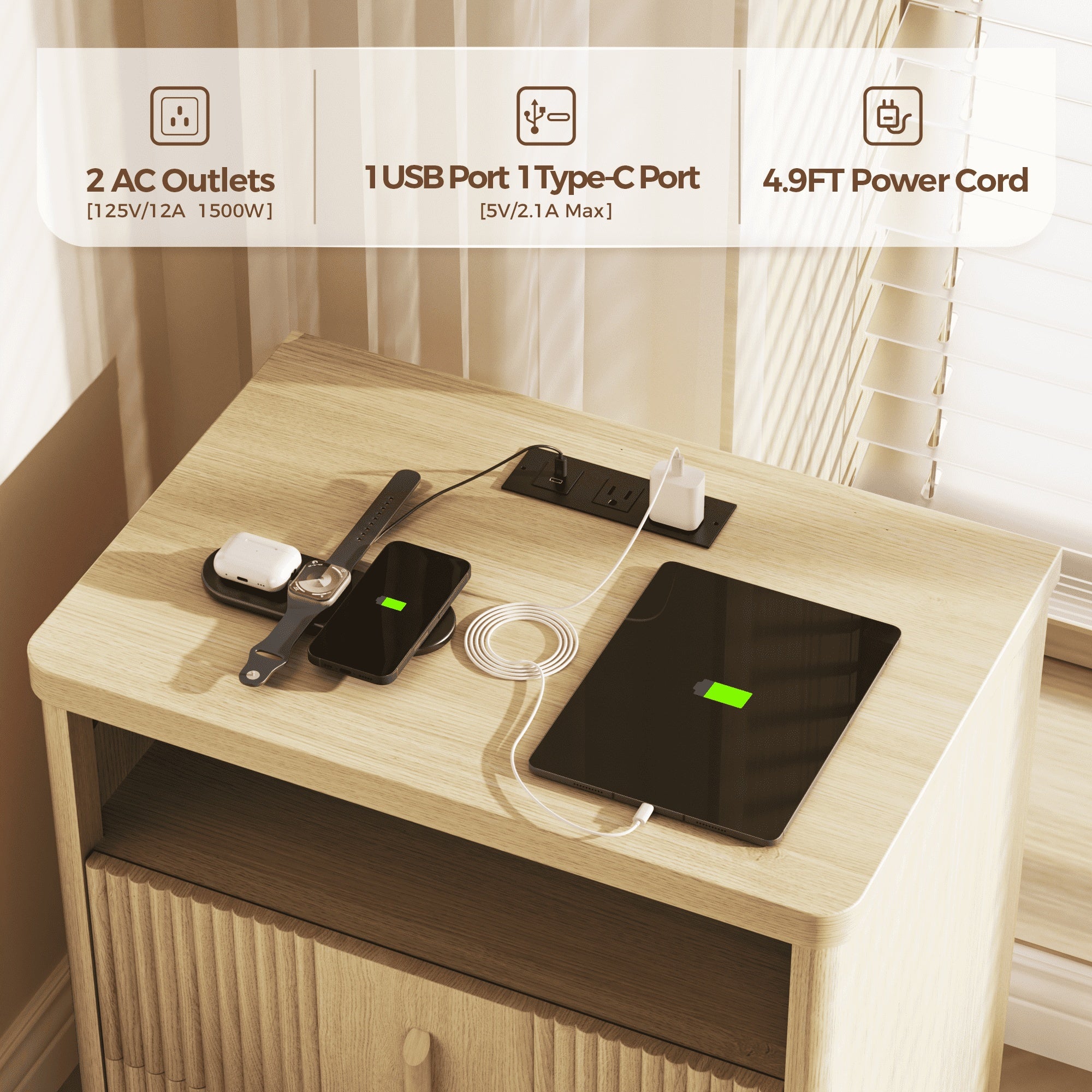 Fluted Nightstand with Charging Station