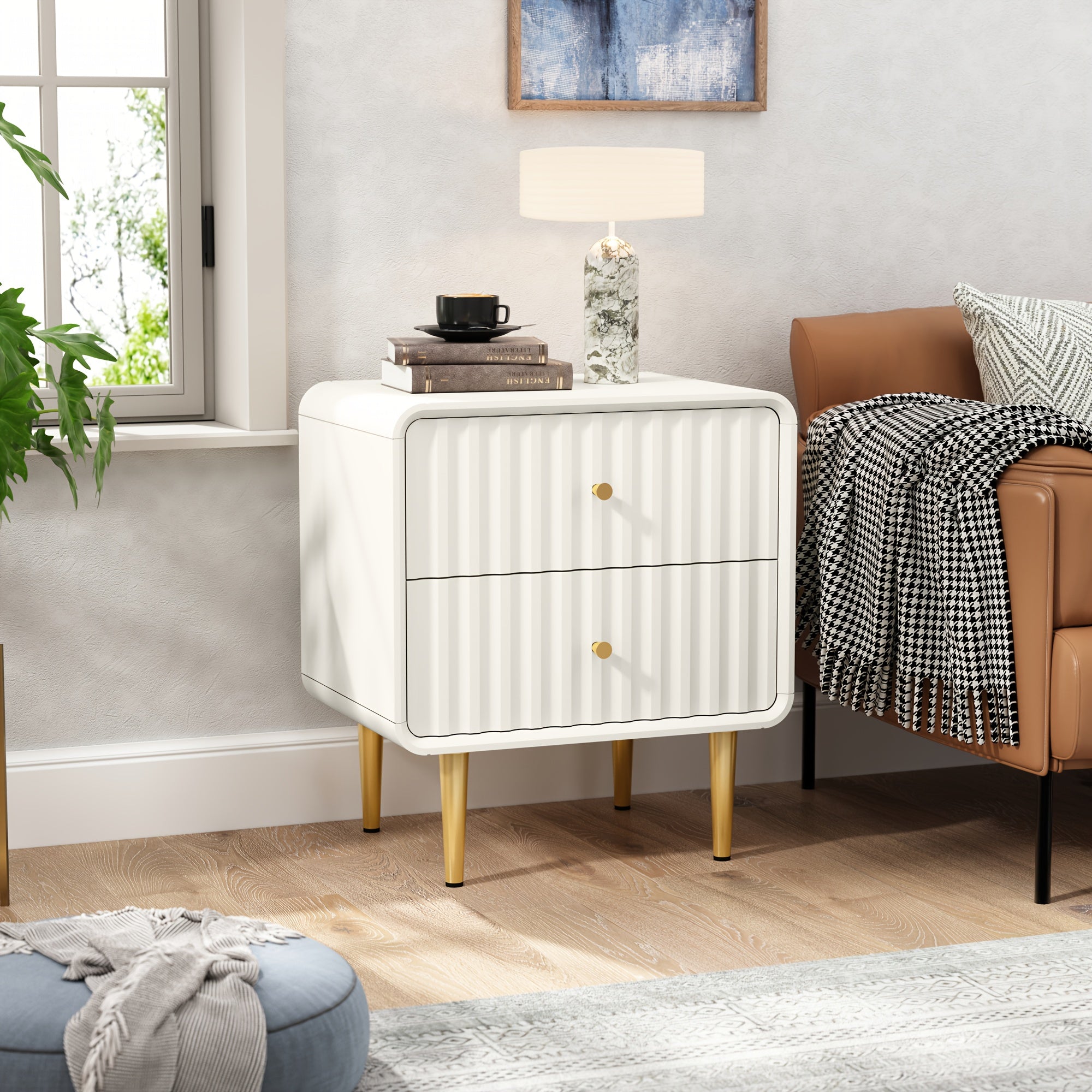 Fluted Bed Side Table with 2 Drawers Storage