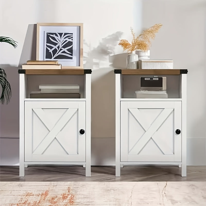 Rustic End Table with Barn Door And Storage Shelf