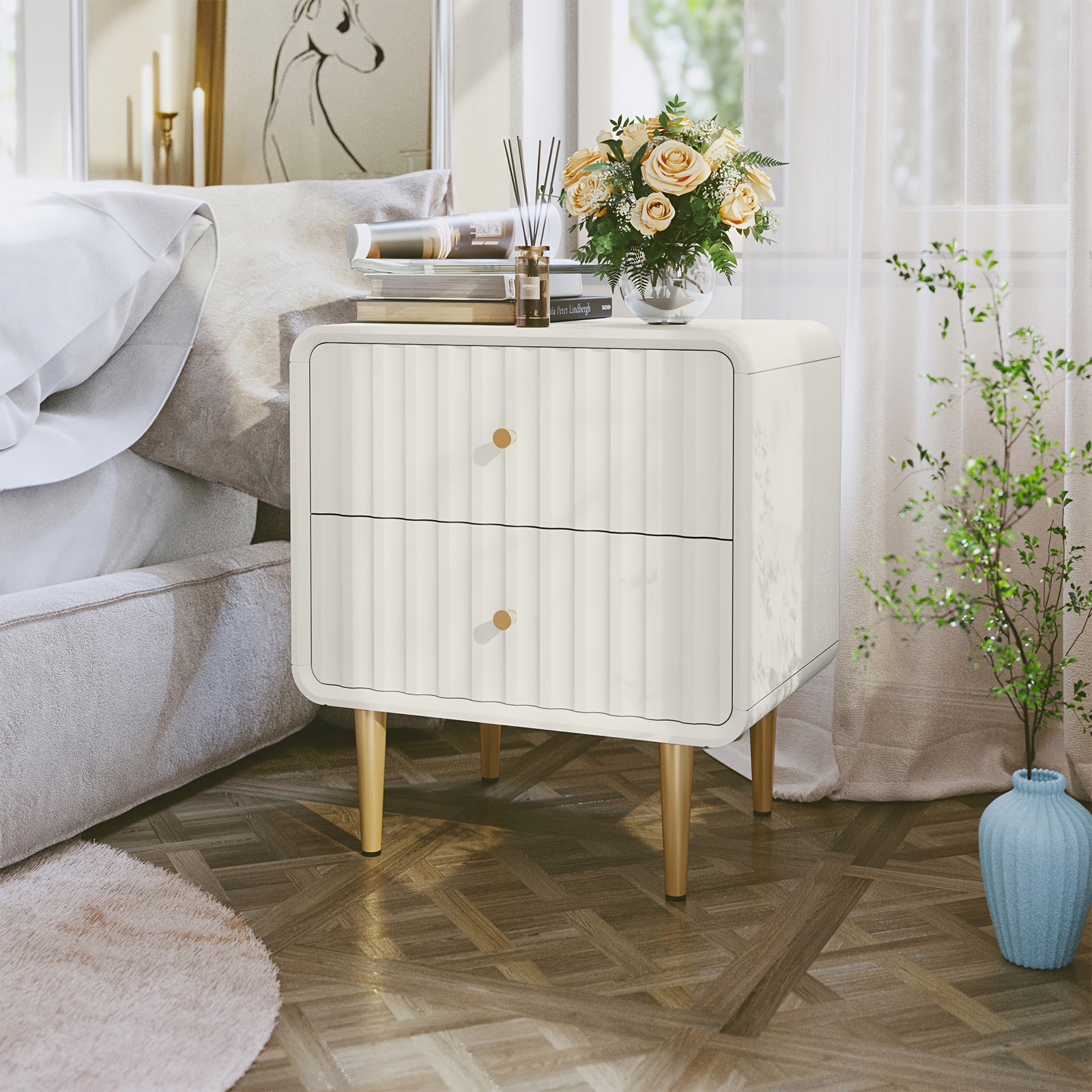 Fluted Bed Side Table with 2 Drawers Storage