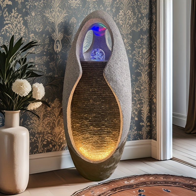 Large Pebble Floor Fountain Ornament with Glass Ball And Lights