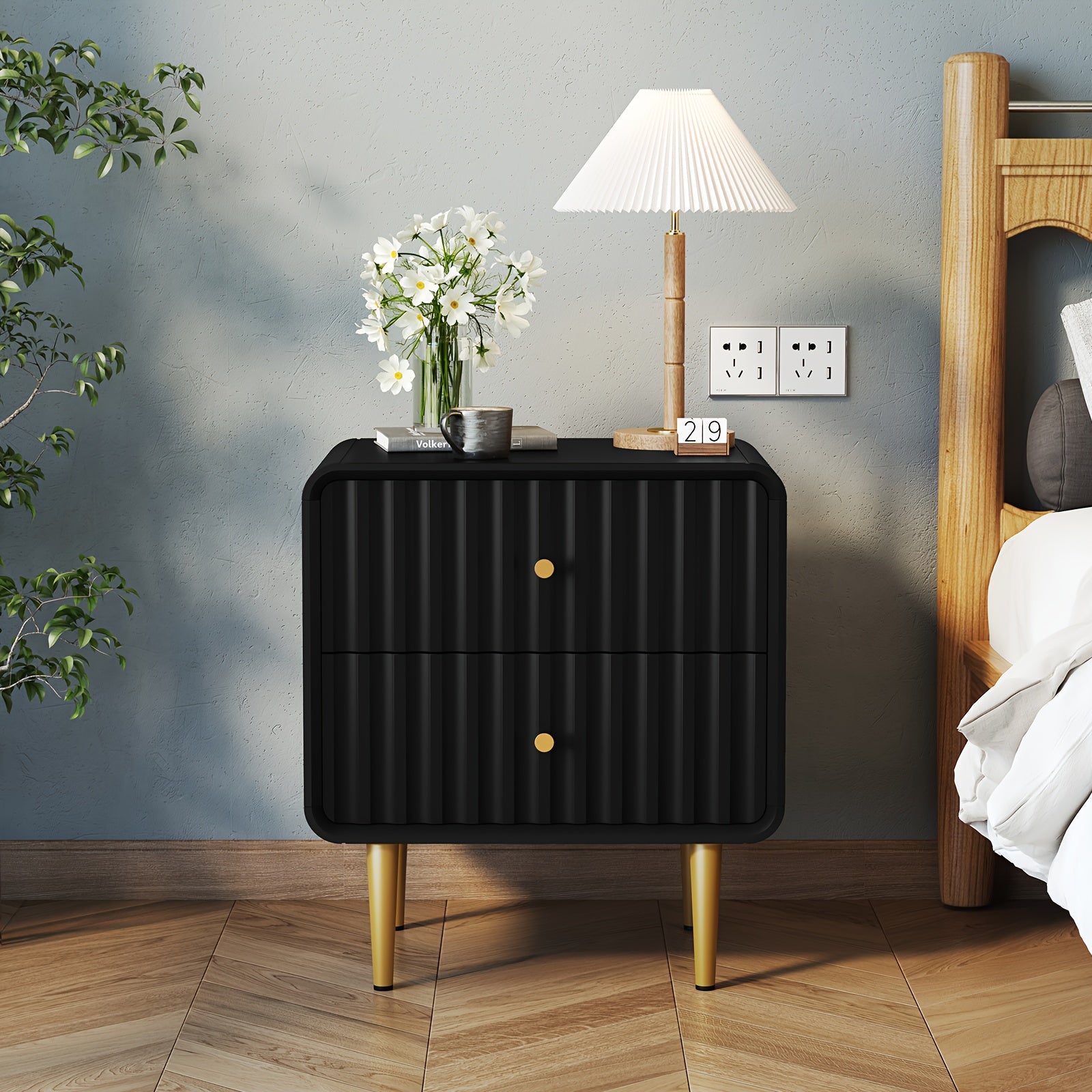 Fluted Bed Side Table with 2 Drawers Storage