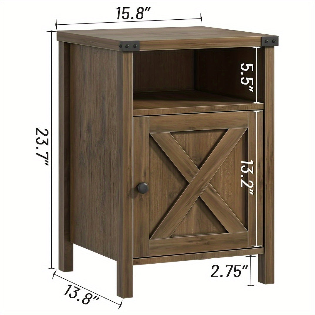 Rustic End Table with Barn Door And Storage Shelf