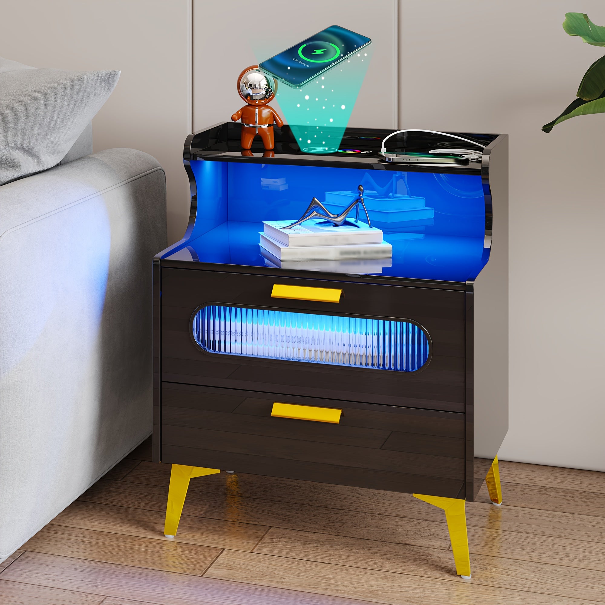 HWB Smart RGB LED Nightstand with Wireless Charging Station