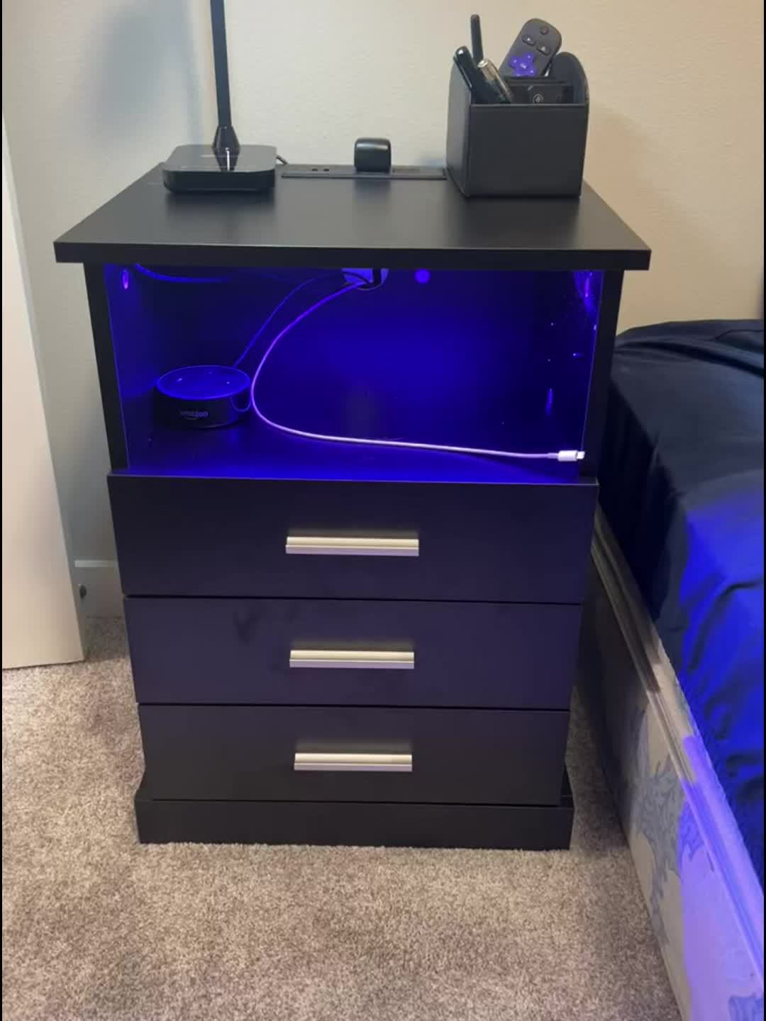 Modern Black LED Nightstand with Charging Station