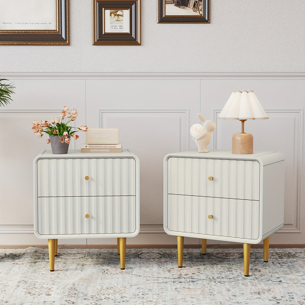 Fluted Bed Side Table with 2 Drawers Storage
