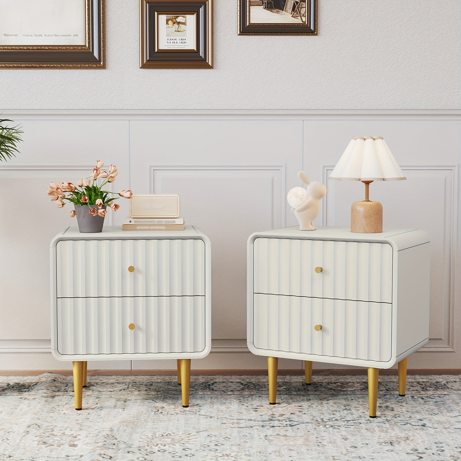 Fluted Bed Side Table with 2 Drawers Storage