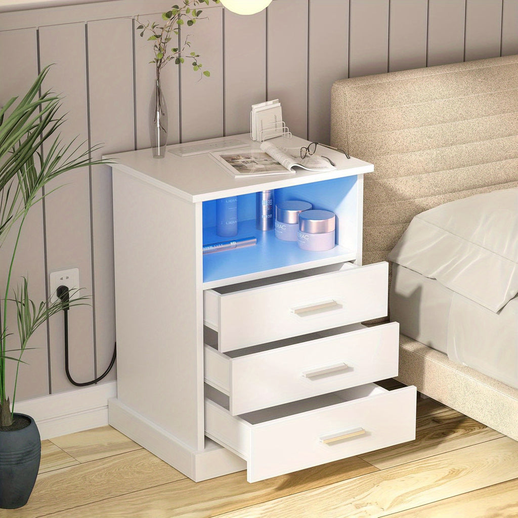 Modern Black LED Nightstand with Charging Station