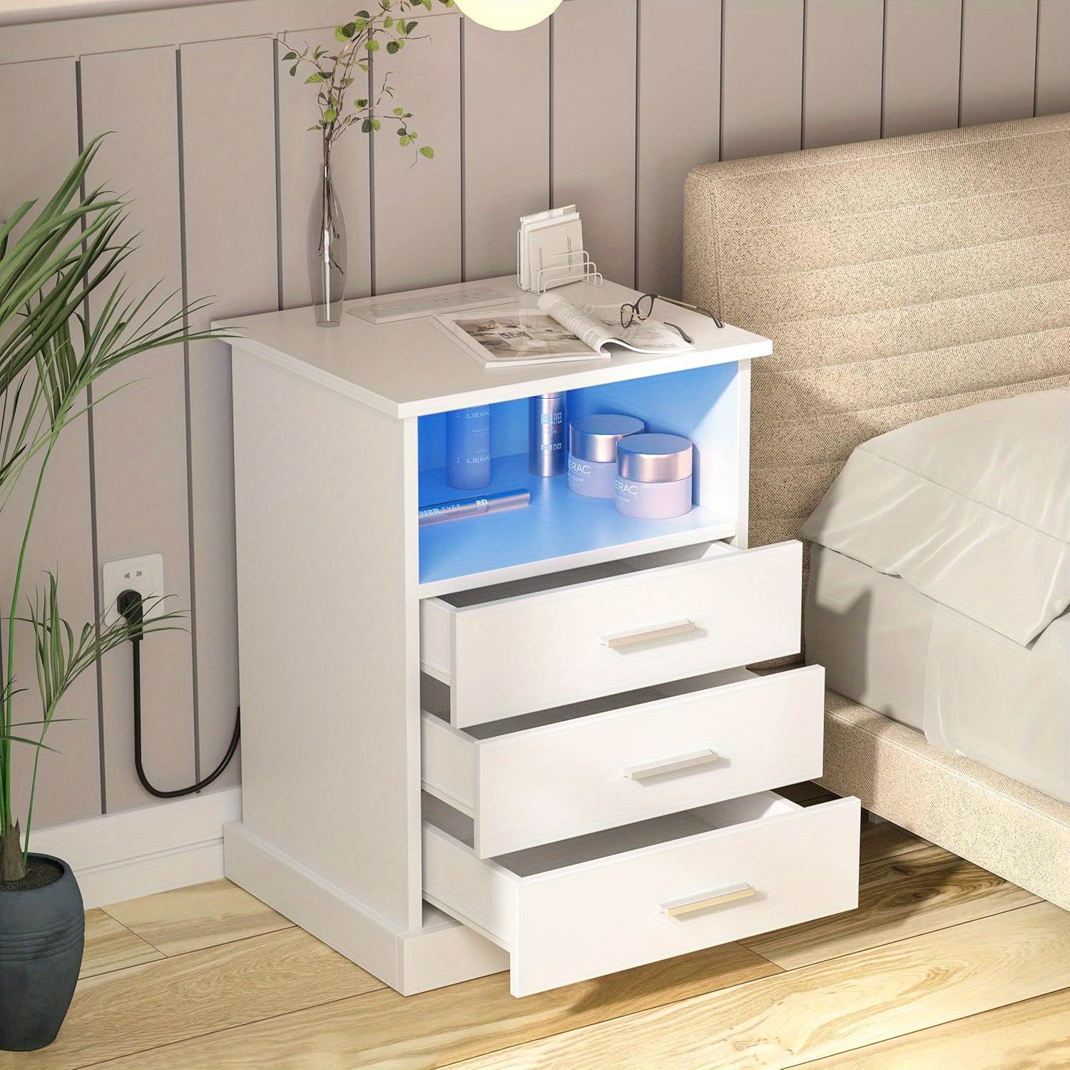 Modern Black LED Nightstand with Charging Station