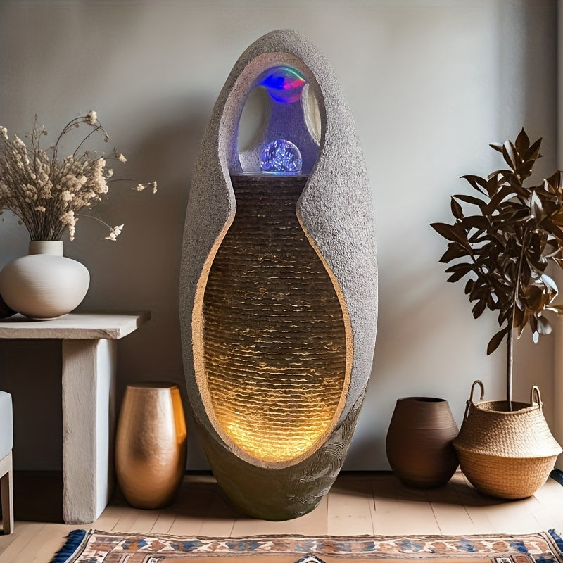 Large Pebble Floor Fountain Ornament with Glass Ball And Lights