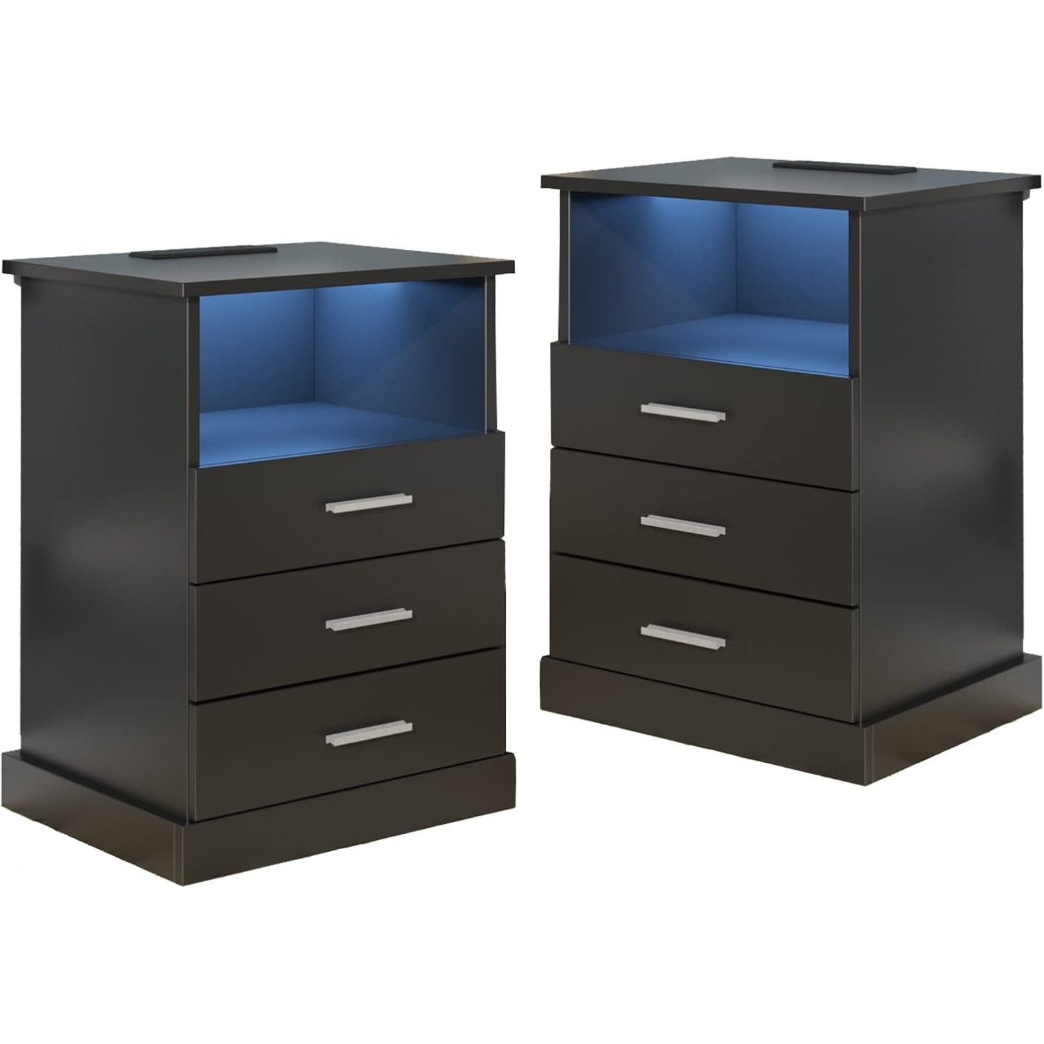 Modern Black LED Nightstand with Charging Station