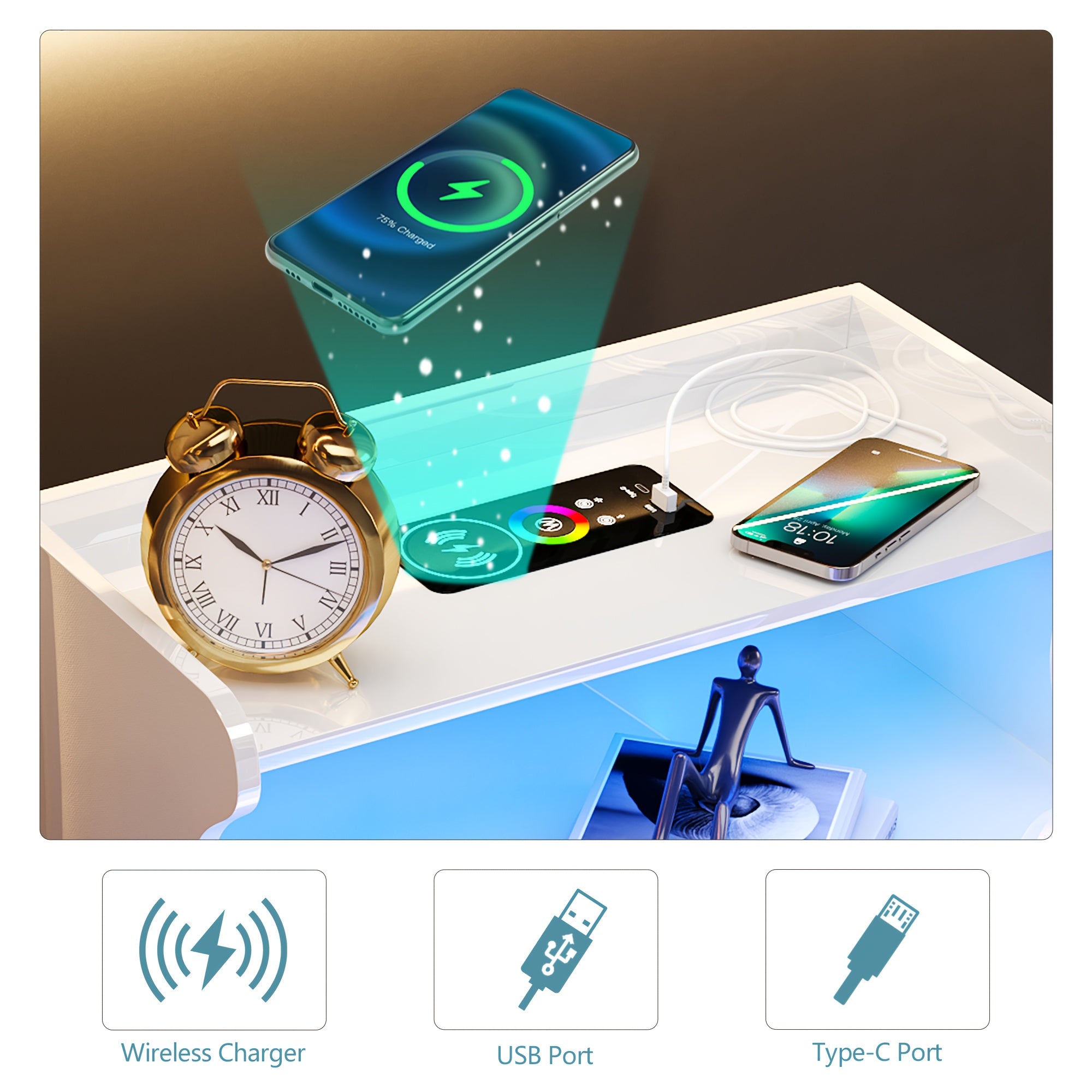 HWB Smart RGB LED Nightstand with Wireless Charging Station