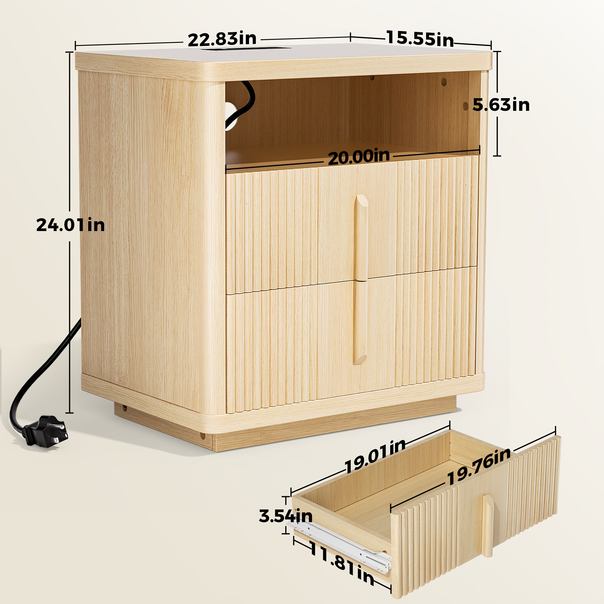 Fluted Nightstand with Charging Station
