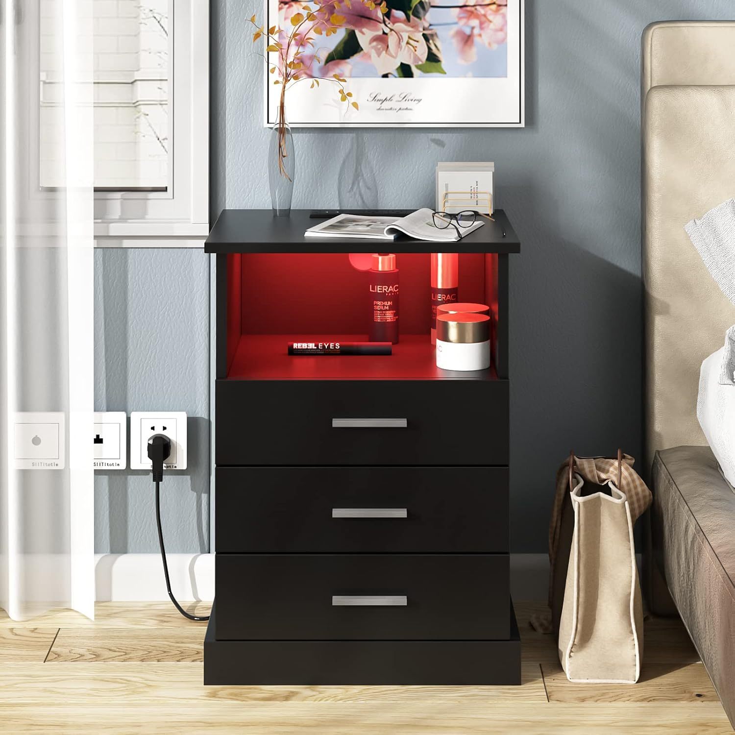 Modern Black LED Nightstand with Charging Station
