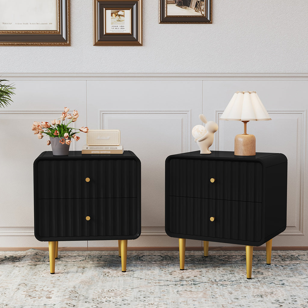 Fluted Bed Side Table with 2 Drawers Storage