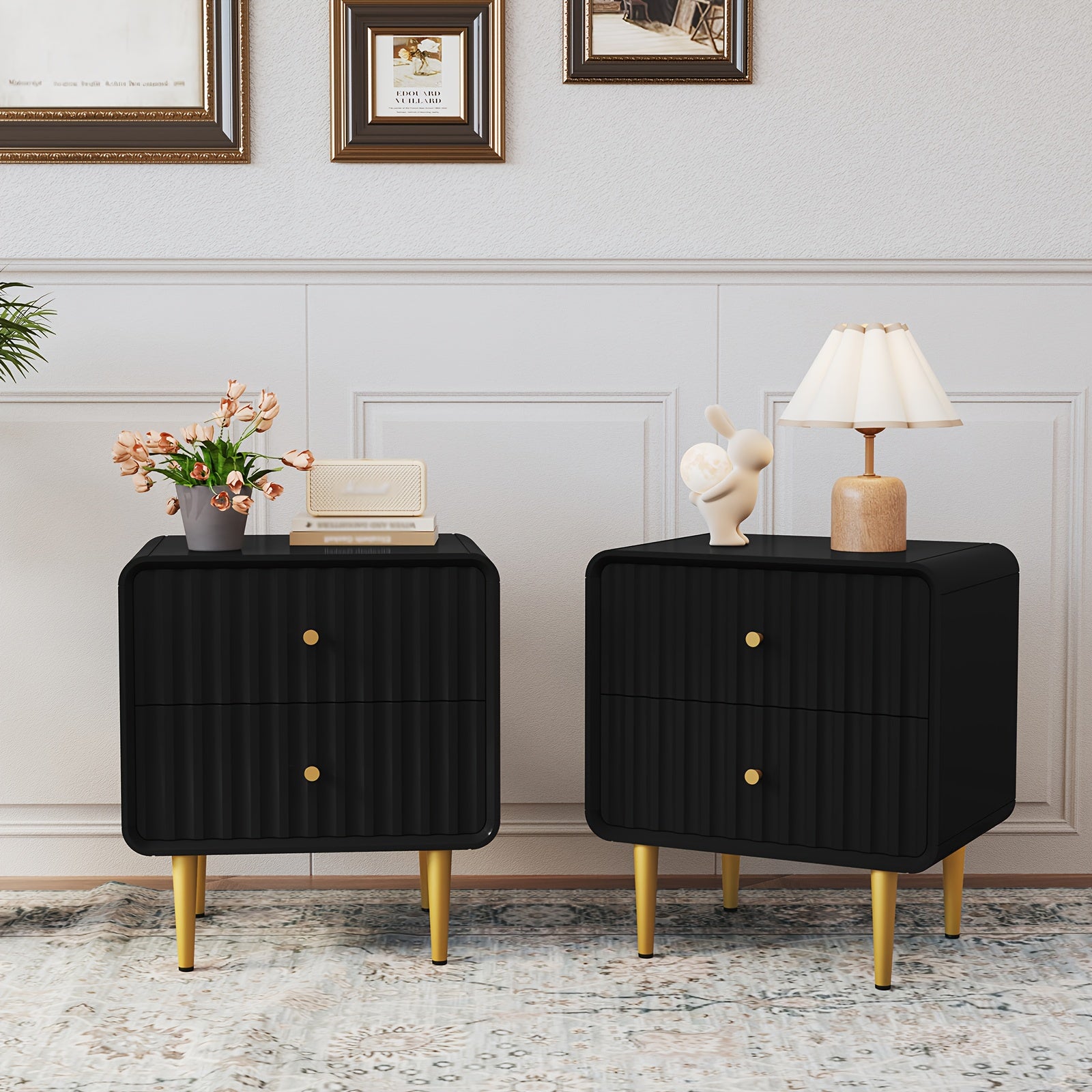 Fluted Bed Side Table with 2 Drawers Storage